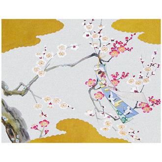 和風クリスマスカード　Ｆ２５－９２２　銀地花鳥名画