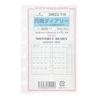 ２５　システム手帳リフィル　月間ダイアリー　カレンダー式日曜日始まり　ＭＩＮＩ６