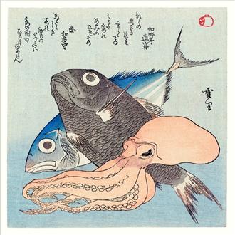プリント３０ｘ３０　木版色紙（蛸鯛鰹）
