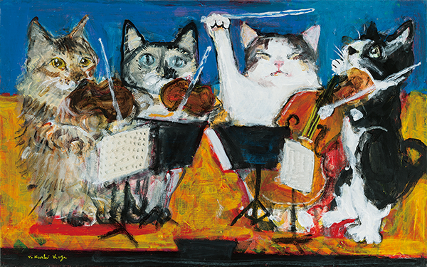 絵画。原画手描【週末、猫ちゃんたちのコーヒーとパンのパーティー】 絵画。原画☆キャンバスF10【かわいい猫たちが一緒に香ばしいお